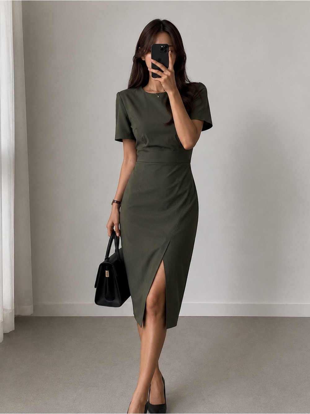 Banana Republic Olive Green Sheath Midi Dress Petite 8P Quiet Luxury